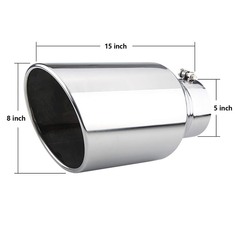 LCGP Exhaust Tip 5" Inlet 8" Outlet 15" Long Rolled End Angle Cut Bolt On Polished Exhaust Tail Pipe - Image 2